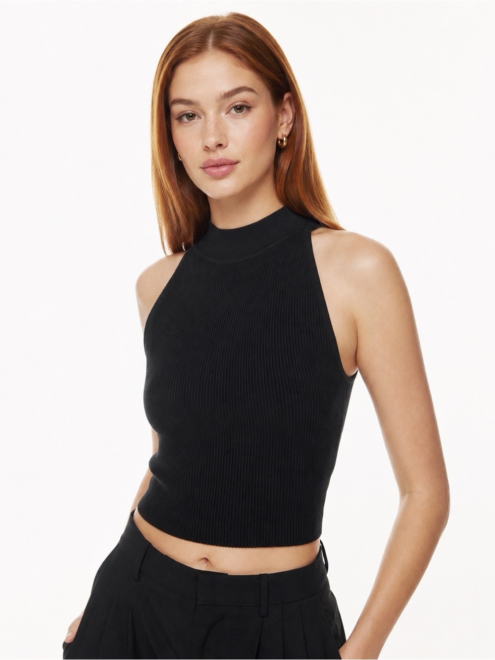 Babaton Aritzia Woman Black Ribbed Mock Neck Halter Knit Top MEDIUM Minimal